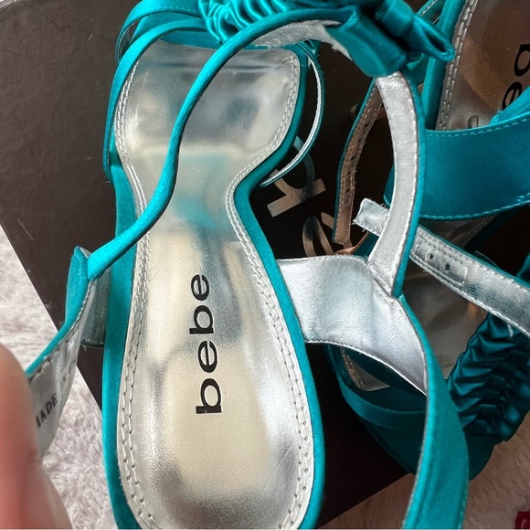 BEBE Jenny Turquoise Satin Bow Strap Heels - Picture 6 of 7